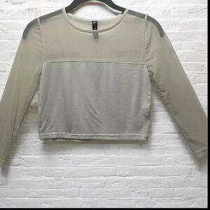 Poof Couture Mesh Panel Long Sleeve Crop Top - Cream